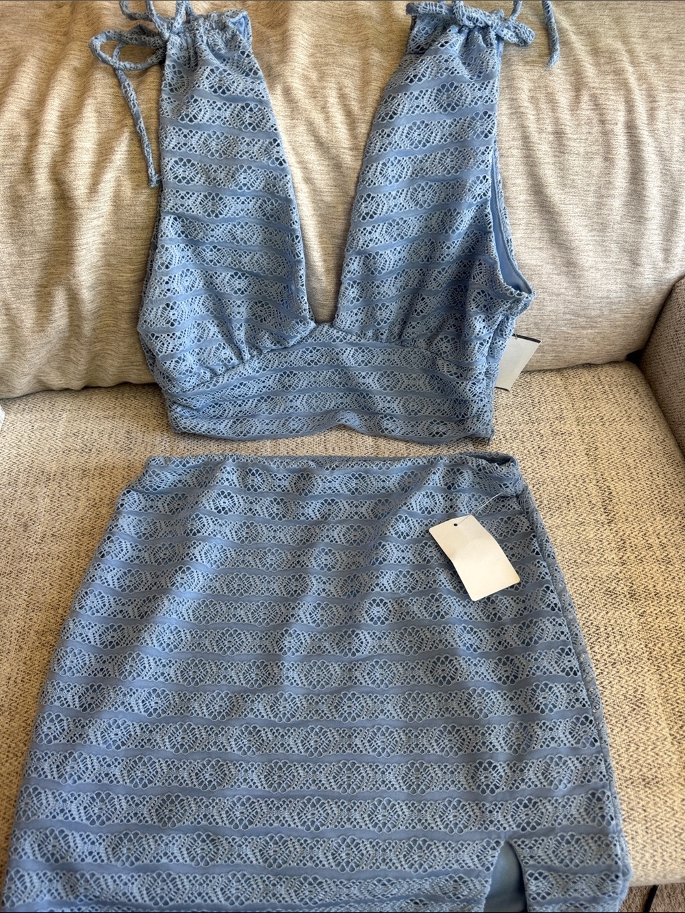 NWT Le Lis Light Blue crochet Crop Top & High-Waist Mini Skirt Set
